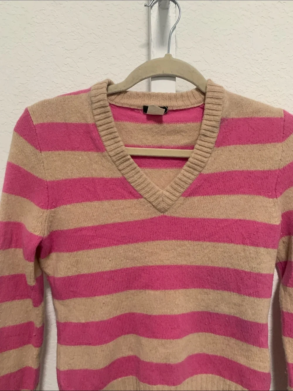 Y2K J. Crew Pink and Tan Striped V-Neck Wool Sweater